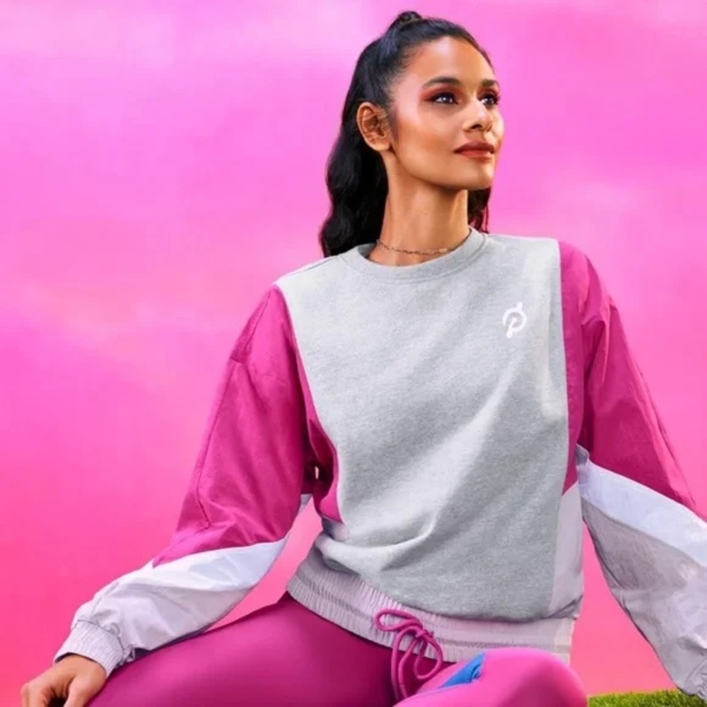 NWT Peloton Colorblock Mixed Fabric Pink Gray Crewneck Windbreaker Size Small
